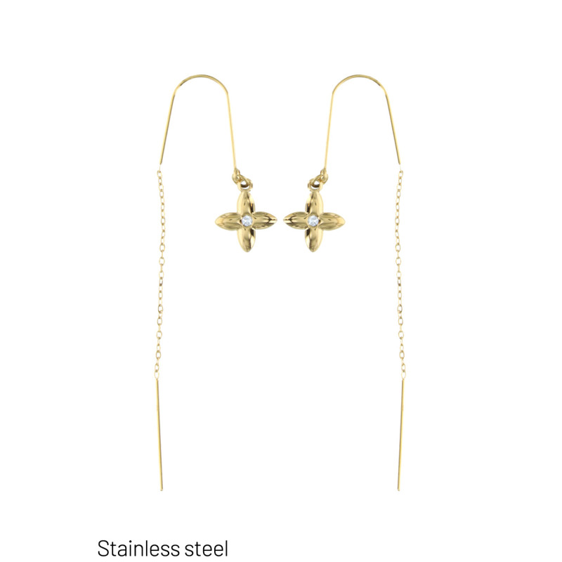 PENDIENTES ACERO FLECOS EN CADENA, FLORE, ESTRAS