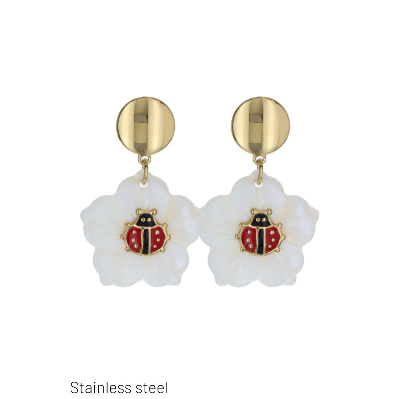 STEEL EARRINGS LADYBUG & FLOWER SHAPE