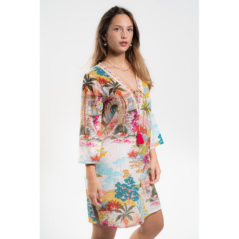 TÚNICA ALGODÓN, ESTAMPADO PAISAJÍSTICO Y POMPONES