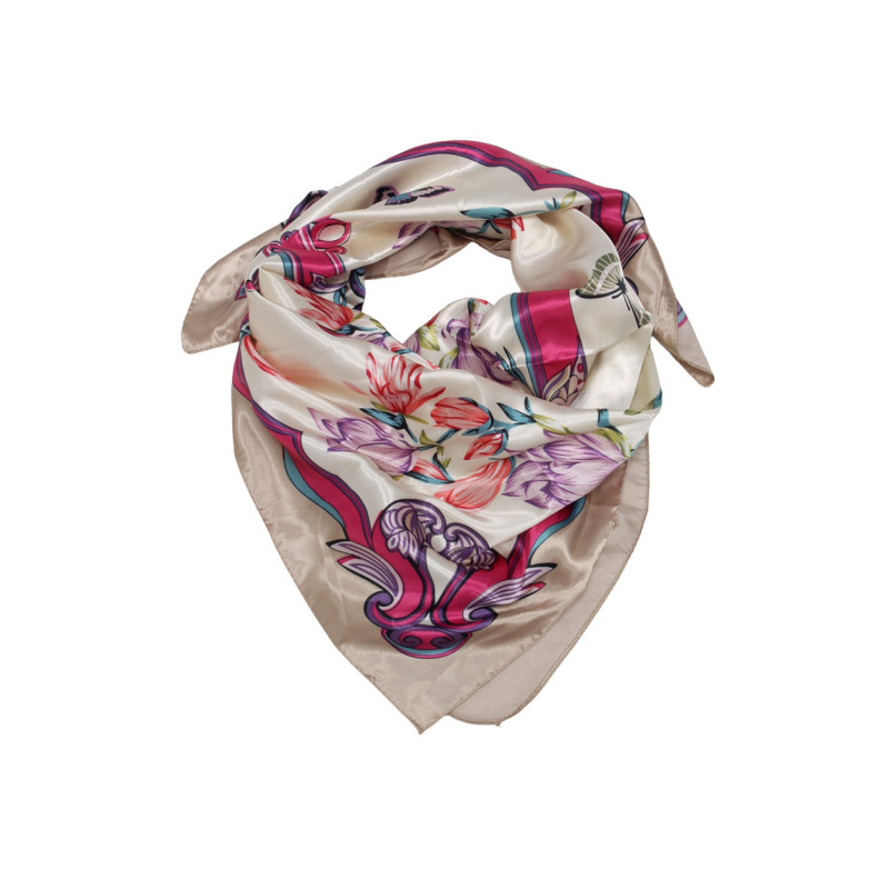 SQUARE POLYSILK SCARF WITH FLOWERS PATTERN