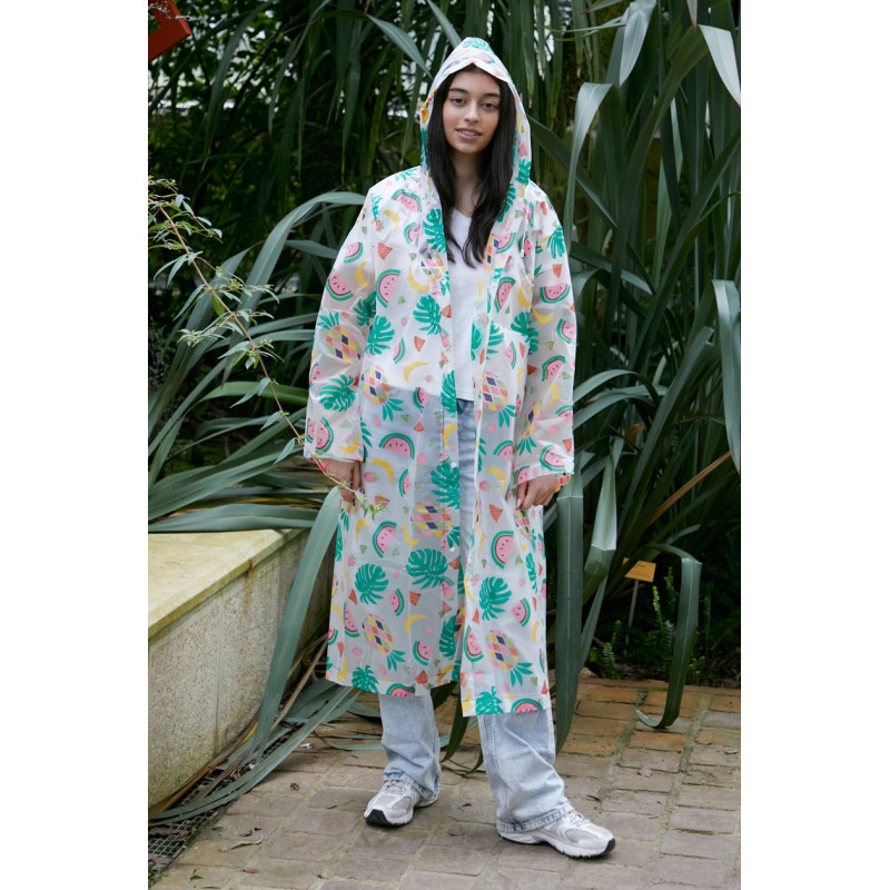 IMPERMEABLE CON BOTÓN Y ESTAMPADO FRUTAS Y HOJAS