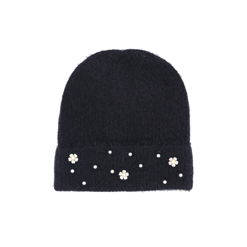 GORRO DE PUNTO CON VUELTA, PERLAS Y FLORES