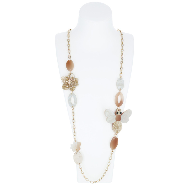 LONG CHAIN NECKLACE WITH FLOWER & BEE IN RESIN