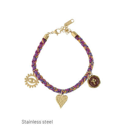 PULSERA TRENZA CON CHARMS, CORAZÓN , SOLE DE ACERO