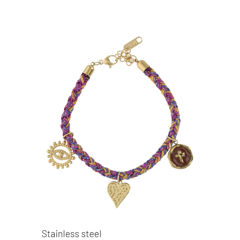 PULSERA TRENZA CON CHARMS, CORAZÓN , SOLE DE ACERO