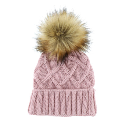 CABLE KNITTED HAT WITH POMPON IN FAKE FUR