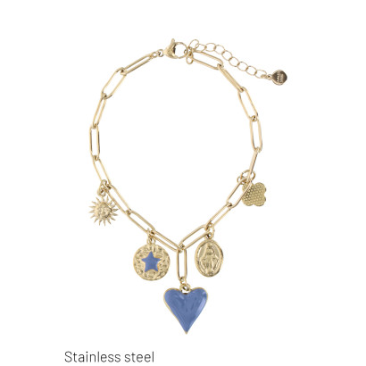 PULSERA ENLACE ACERO CON CORAZÓN, ESTRELLA, FLORE