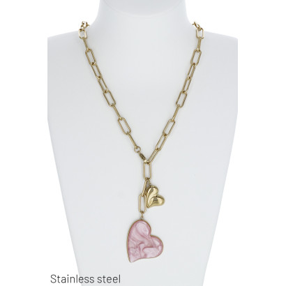 COLLIER EN ACIER À MAILLON, PENDENT. COEUR, RÉSINE