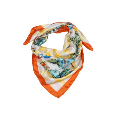 SQUARE POLYSILK SCARF WITH FLOWERS, CHECKS PATTERN