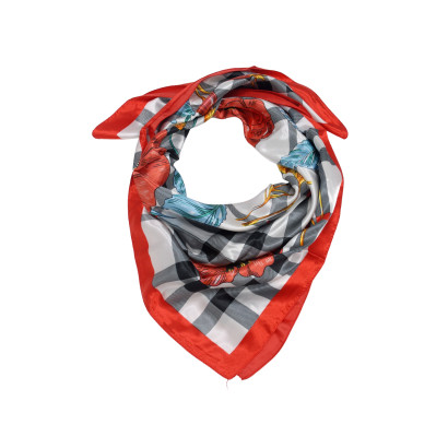 SQUARE POLYSILK SCARF WITH FLOWERS, CHECKS PATTERN