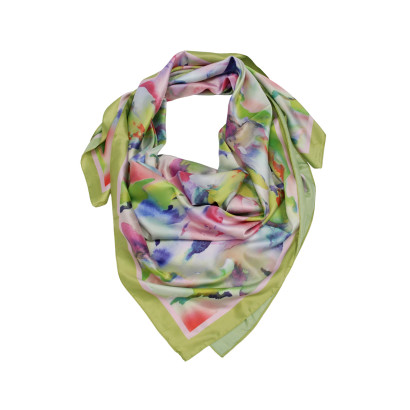 SQUARE POLYSILK SCARF WITH FLOWERS PATTERN