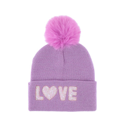 GEBREID HOED VOOR KIND MET POMPON, LOVE IN SEQUINS