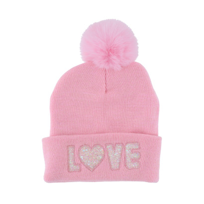 GEBREID HOED VOOR KIND MET POMPON, LOVE IN SEQUINS