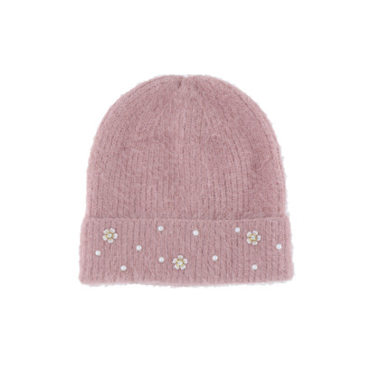 GORRO DE PUNTO CON VUELTA, PERLAS Y FLORES