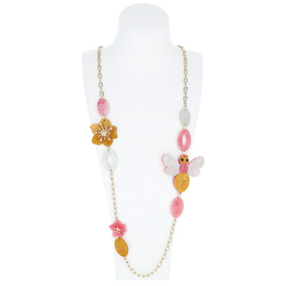 LONG CHAIN NECKLACE WITH FLOWER & BEE IN RESIN