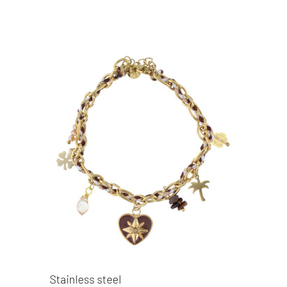 STEEL BRACELET WITH CHARMS, HEART, CLOVER PENDANT