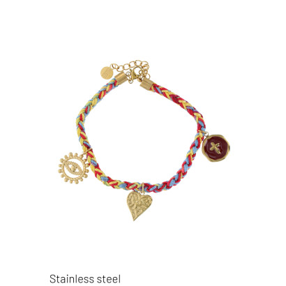 PULSERA TRENZA CON CHARMS, CORAZÓN , SOLE DE ACERO