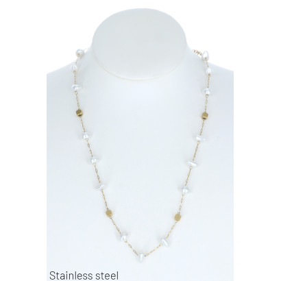 COLLAR EN ACERO CON COLGANTE ARO Y PERLAS