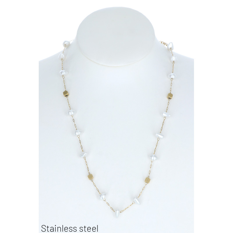 COLLAR EN ACERO CON COLGANTE ARO Y PERLAS