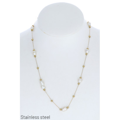 STAINL.STEEL NECKLACE WITH ROUND PENDANT AND PEARL