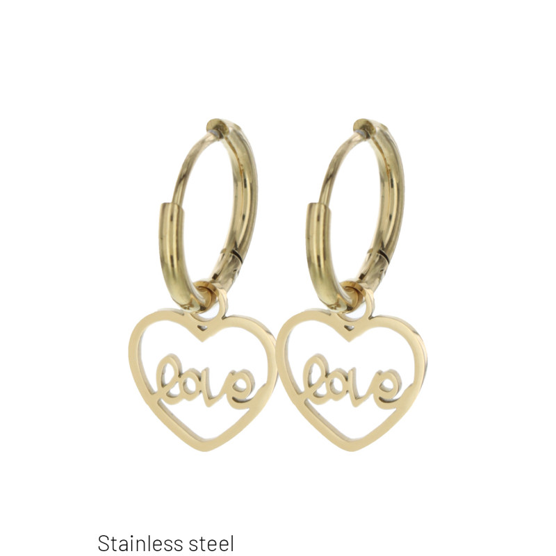 BOUCLE D'OREILLE EN ACIER AVEC COEUR ET ECRITURE