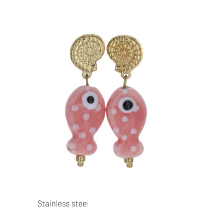 EAR. STAINL. STL SHELL SHAPE, RESINE FISH PENDANT