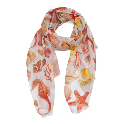 SCARF WITH SHELLS, FISH PRINTED