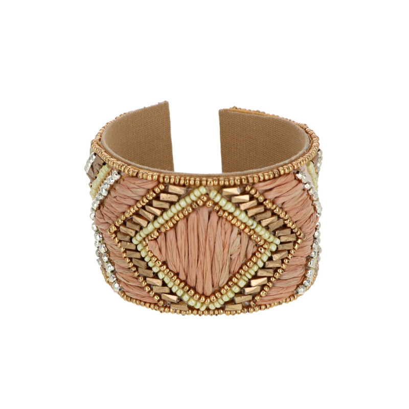 BRAZALETE CON MÚLTIPLES PERLAS Y RAFIA