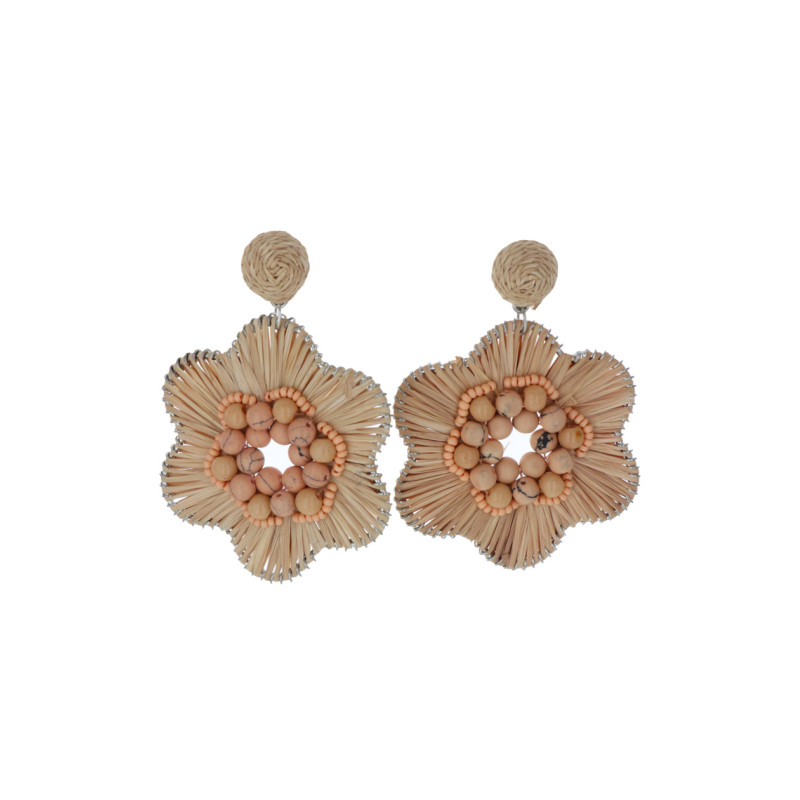 EARRINGS FLOWER SHAPE IN RAFFIA AND WOOD BEADS