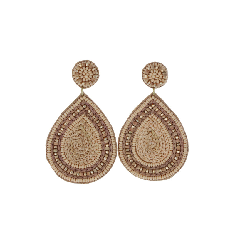 BOUCLE D'ORELLES EN RAPHIA FORME DE GOUTTE, PERLES