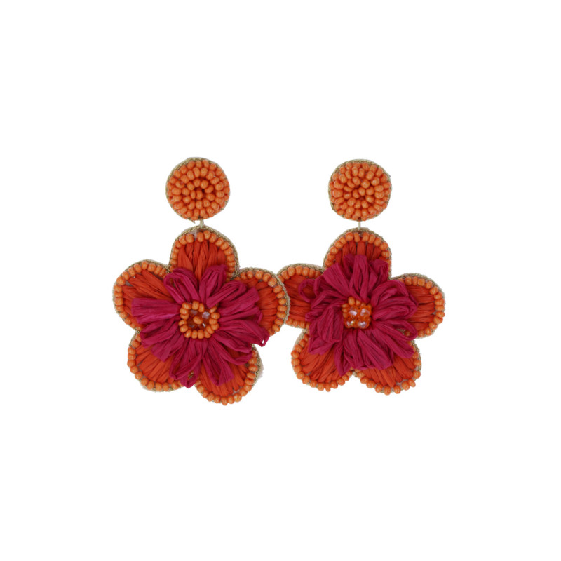 EARRINGS FLOWER SHAPE IN RAFFIA AND BEADS