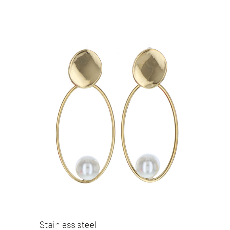 EARRINGS STL.STEEL OVAL SHAPE WITH PEARL