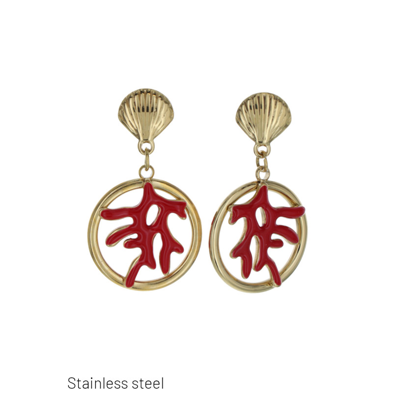 B.O. STAINL.STL. SHELL SHAPE ROUND PENDANT & CORAL