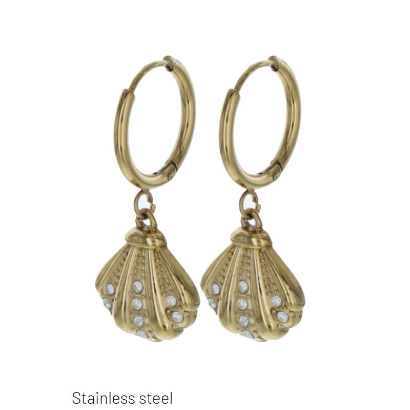 B.O. EN ACIER CREOLE PENDENTIF COQUILLAGE & STRASS