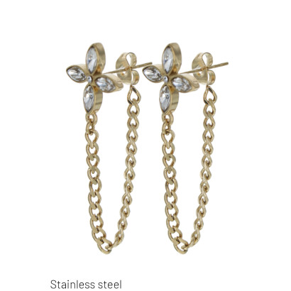 STEEL EARRINGS CHAIN FRINGES & FLOWER