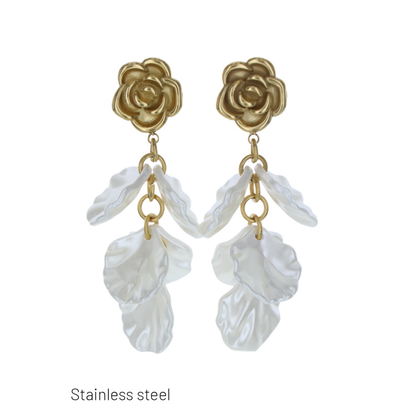 STEEL EARRING FLOWER SHAPE AND LEAVES PENDANT
