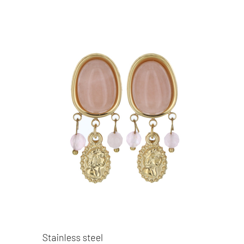 BOUCLE D'OREILLE EN ACIER, PEND. OVALE & PIERRES