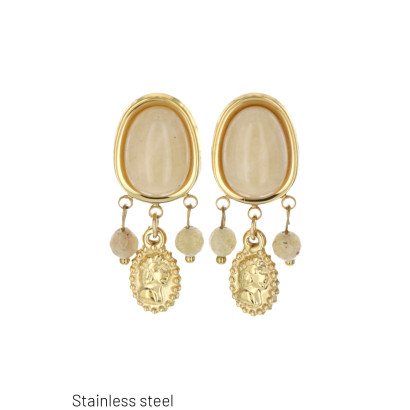 BOUCLE D'OREILLE EN ACIER, PEND. OVALE & PIERRES