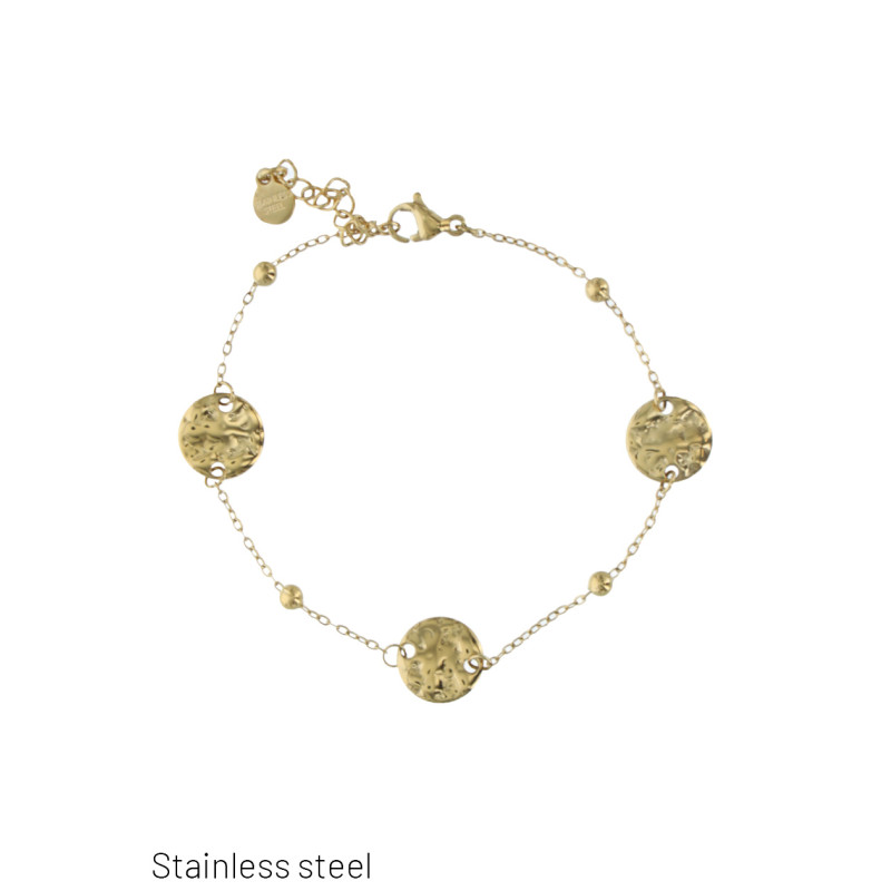 BRACELET ACIER, PEND. FORME ROND MÉTALLIQU IRRÉGUL
