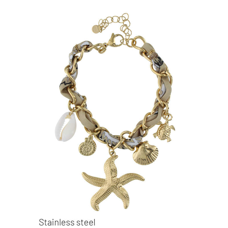 BRACELET EN TISSUS, ACIER AVEC ÉTOILE MER, COQUIL.