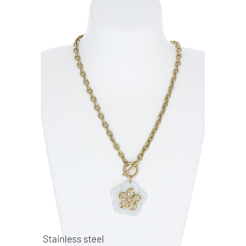 COLLIER EN ACIER À MAILLON, PENDENT. FLEUR, RÉSINE