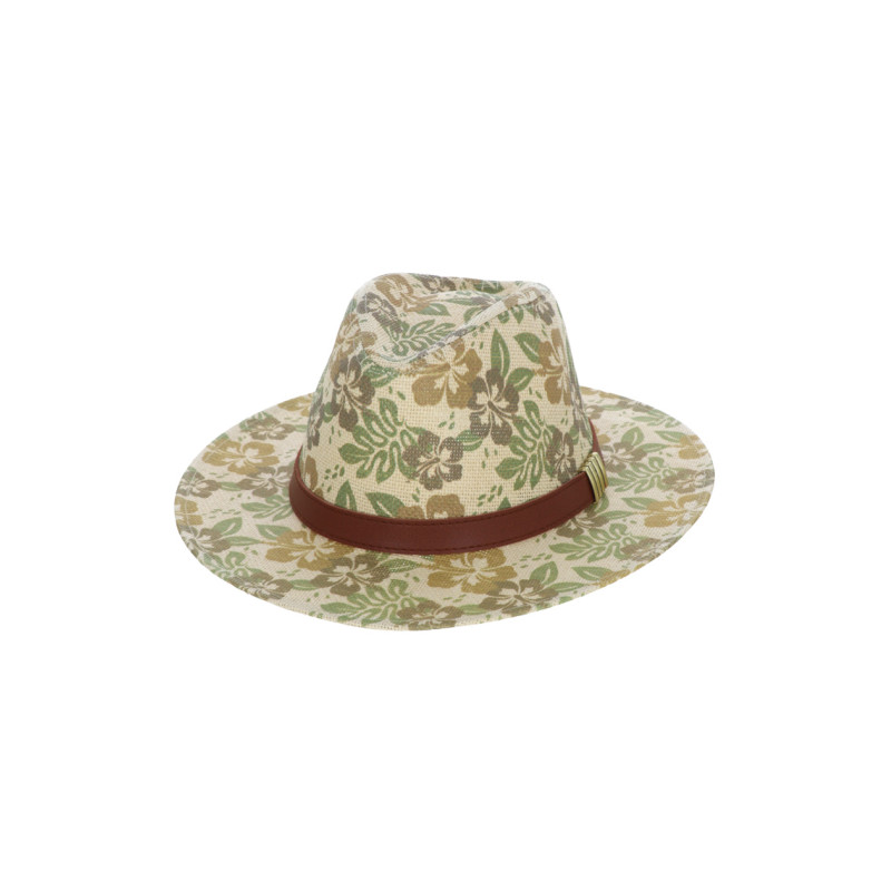 BORSALINO EN PAILLE AVEC IMPRIMÉ FEUILLES, RUBAN