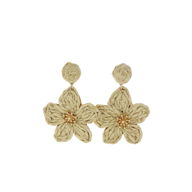 BOUCLES D'OREILLES, FORME DE FLEUR EN RAPHIA