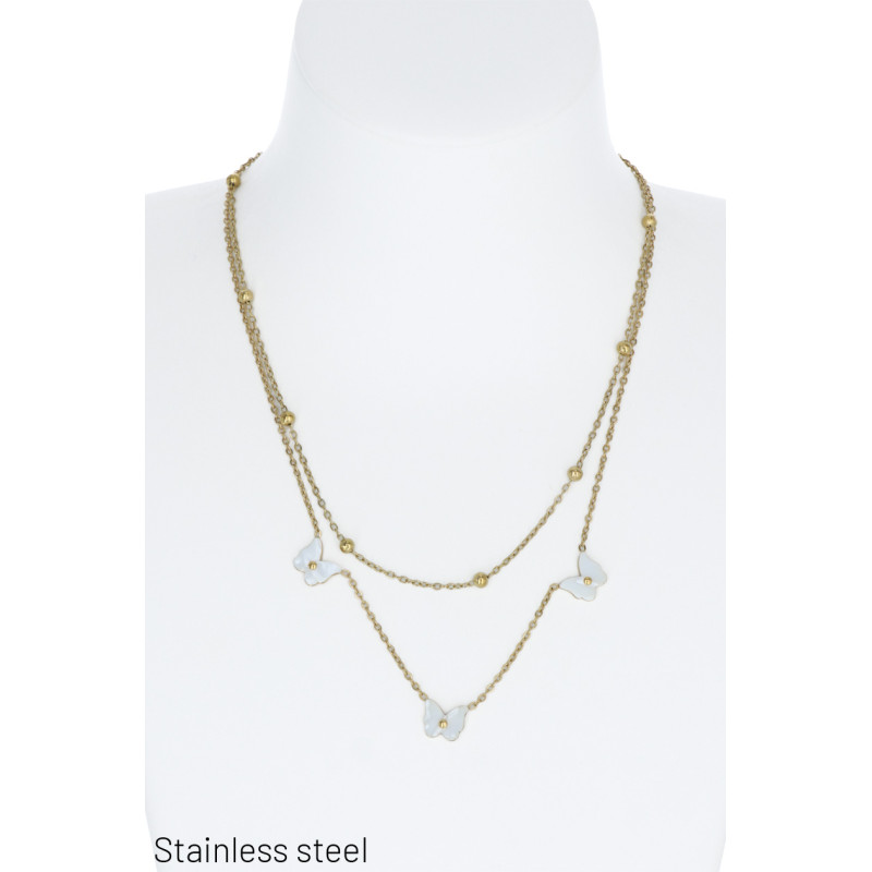 COLLIER 2 RANGS EN ACIER AVEC PAPILLON ET PERLES