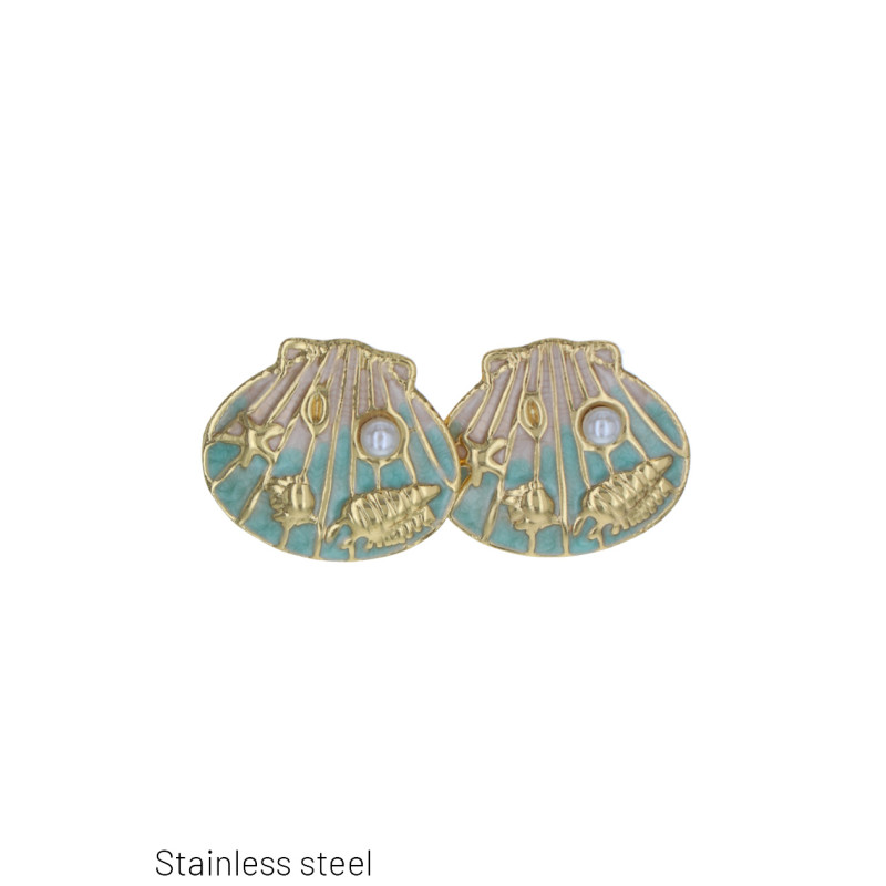BOUCLES D'OR. ACIER FORME DE COQUILLAGE ET PERLE