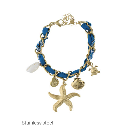 BRACELET EN TISSUS, ACIER AVEC ÉTOILE MER, COQUIL.