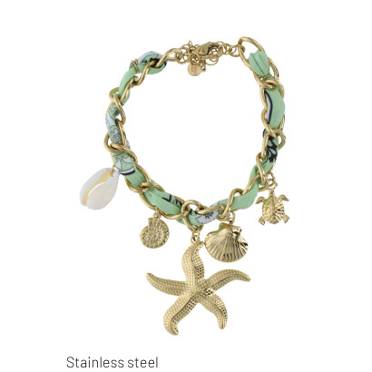 BRACELET EN TISSUS, ACIER AVEC ÉTOILE MER, COQUIL.