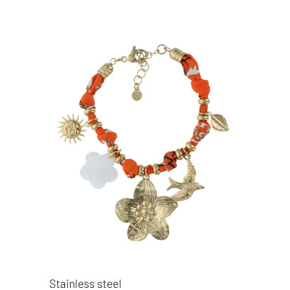 FABRIC, STEEL BRACELET WITH SUN, FLOWER, BIRD