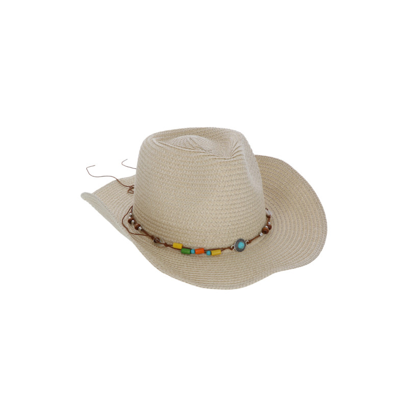 CHAPEAU DE PAILLE AVEC COQUILLAGES, PIERRES SUR RU