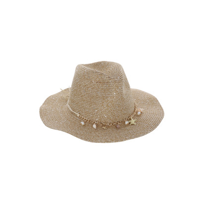 PAPER STRAW HAT WITH CHARMS: STAR, SHELLS, PEARL